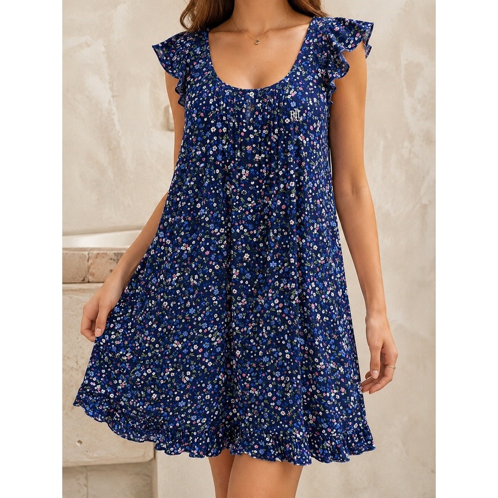 Lauren Ralph Lauren Navy Floral Ruffle Dress M Cottagecore Coquette Preppy